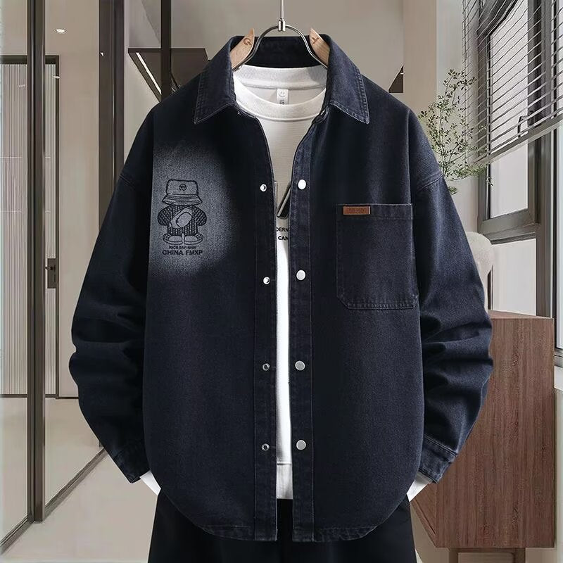 Herren Oversized Denim-Hemdjacke im Relaxed-Worker-Style mit Brusttasche und Druckknöpfen Echoarchiv
