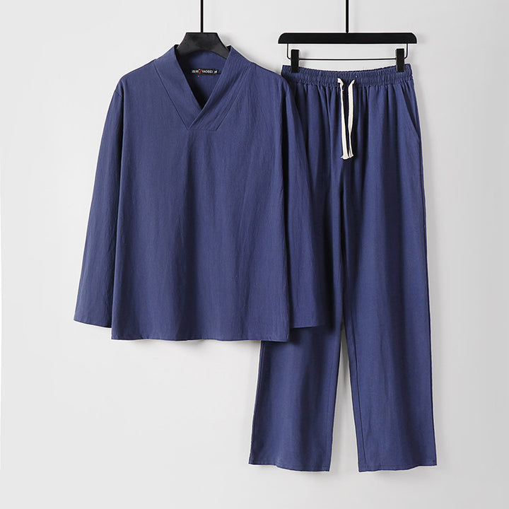 Unisex Zen-inspiriertes Leichtes Loungewear-Set mit V-Ausschnitt-Shirt und Elastischer Kordelbund-Hose Echoarchiv