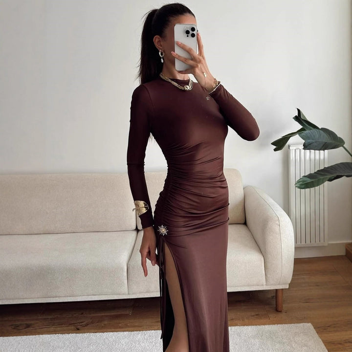 Damen elegantes, figurbetontes Kleid mit Raffungen und hohem Schlitz Echo Archiv