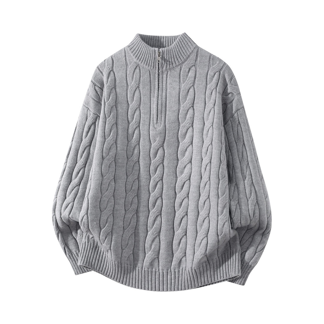 Damen Oversize Zopfmuster-Halbreißverschluss-Pullover mit Ballonärmeln und Stehkragen Echoarchiv