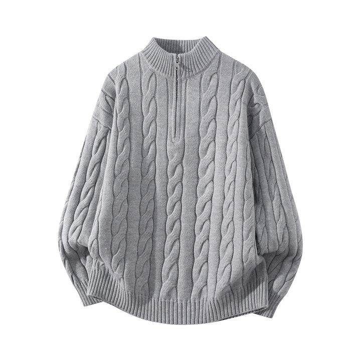 Damen Oversize Zopfmuster-Halbreißverschluss-Pullover mit Ballonärmeln und Stehkragen Echoarchiv