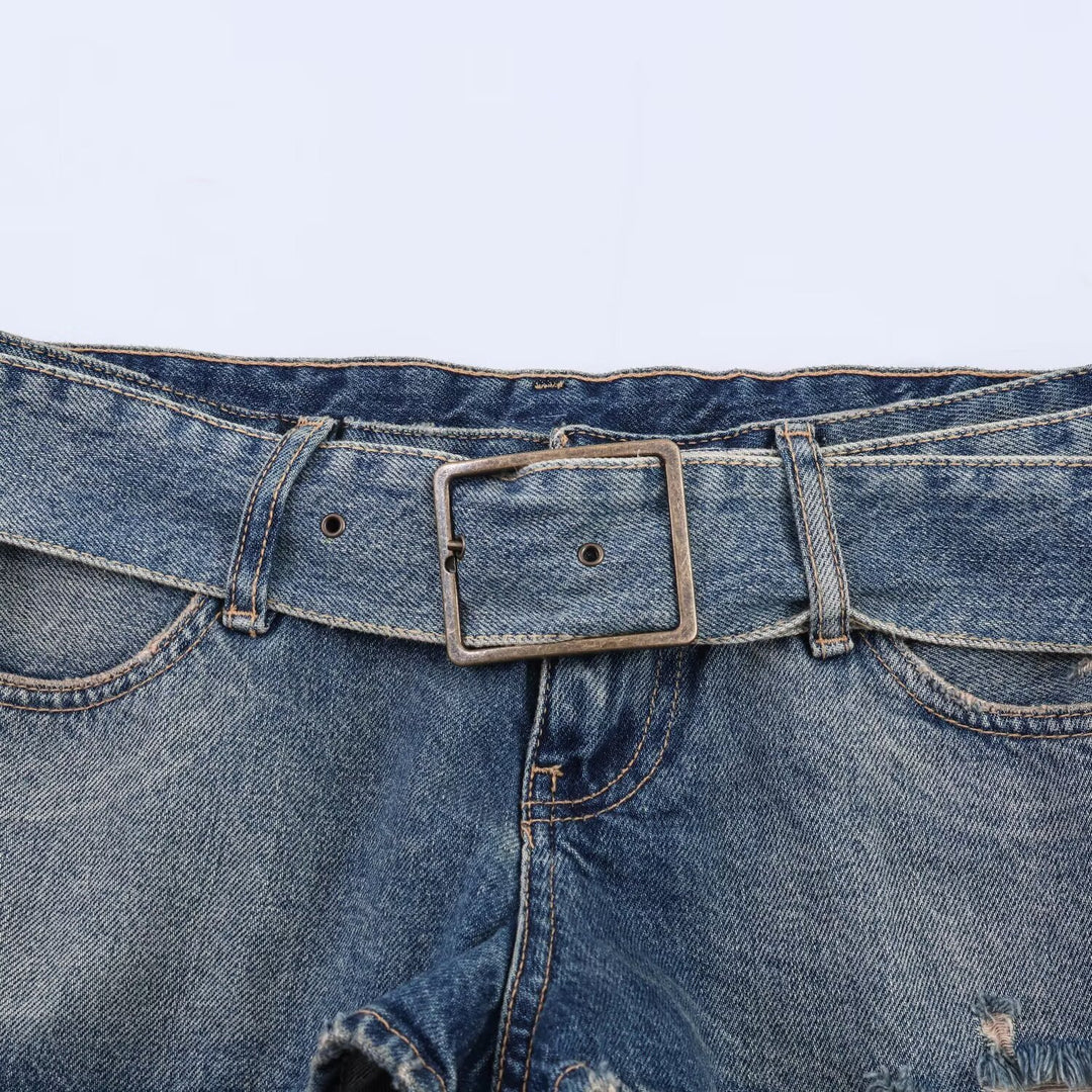 Damen modische Destroyed Denim-Shorts mit verstellbarem Gürtel Echo Archiv