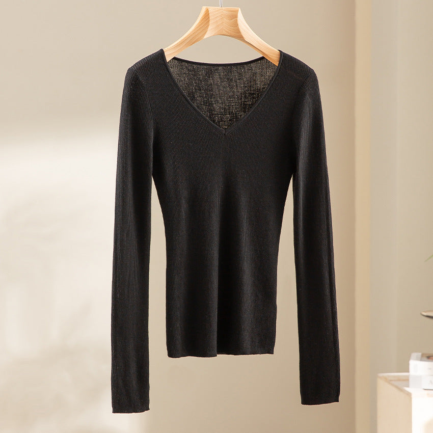 Damen Feiner gerippter Feinstrickpullover mit V-Ausschnitt und taillierter Silhouette Echoarchiv