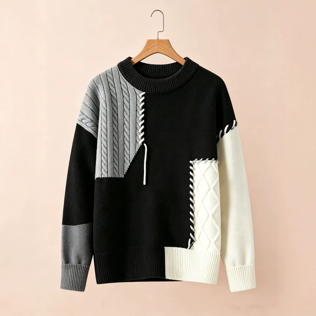 Damen Oversize Strickpullover im Patchwork‑Design mit Zopfmuster‑Einsätzen – Mavelle