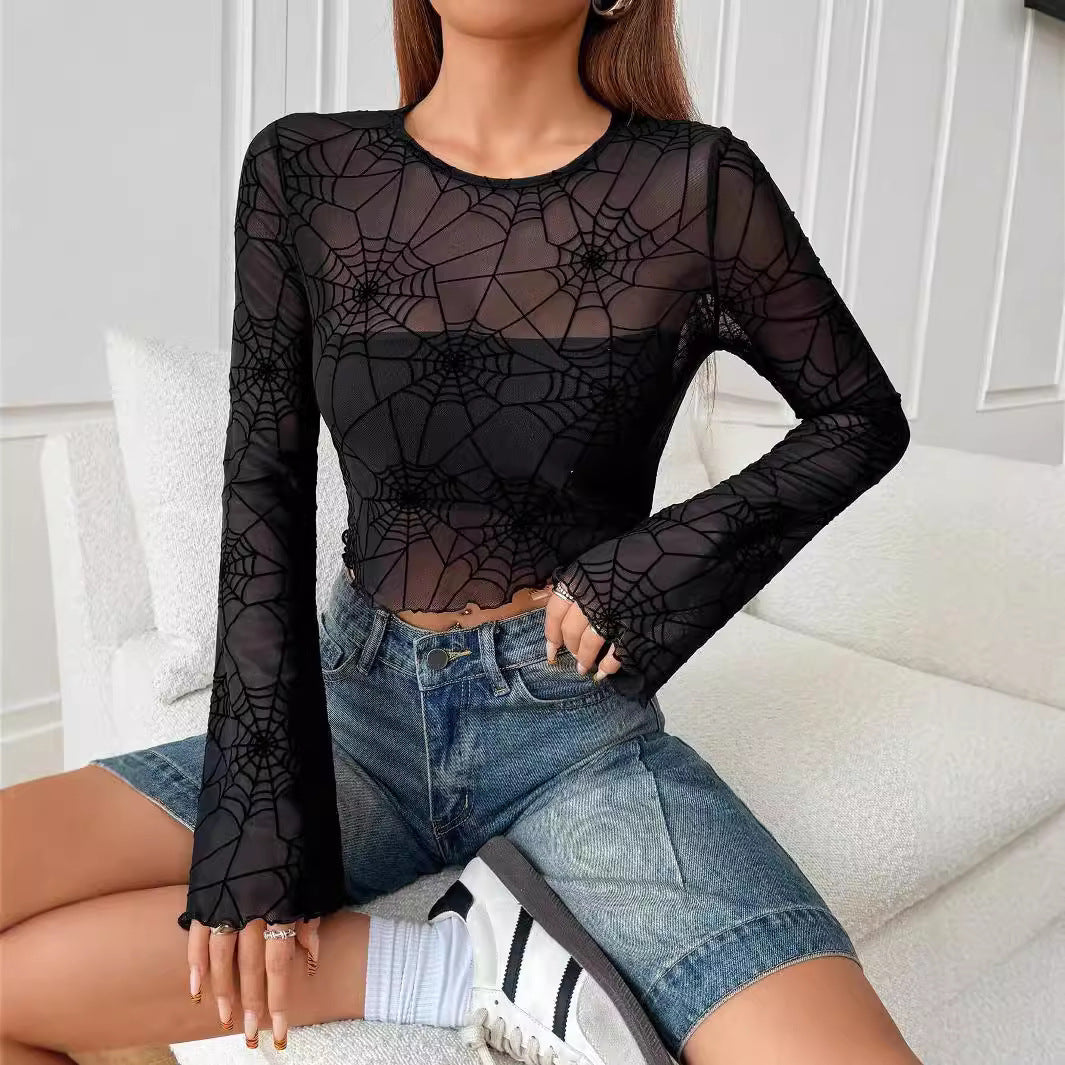 Damen nan transparentes Netztop mit samtigem Spinnennetzprint und bauchfreiem Schnitt Echo Archiv