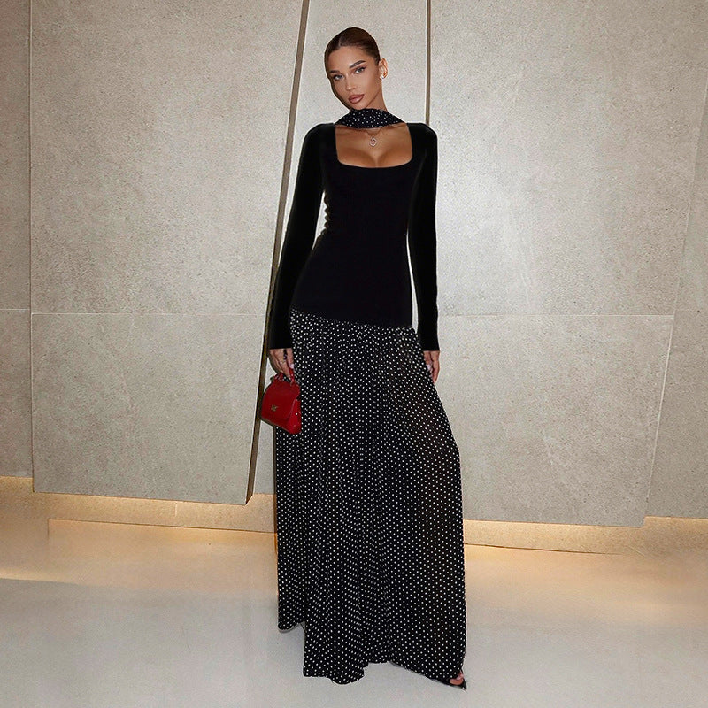 Damen Langärmeliges Maxikleid mit taillierter Silhouette, eckigem Ausschnitt und transparentem Chiffon‑Überrock – Avérine