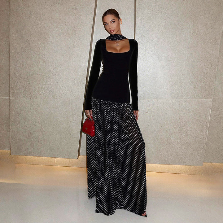 Damen Langärmeliges Maxikleid mit taillierter Silhouette, eckigem Ausschnitt und transparentem Chiffon‑Überrock – Avérine