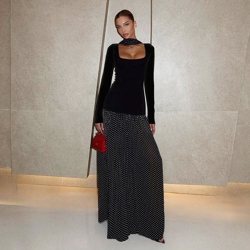 Damen Langärmeliges Maxikleid mit taillierter Silhouette, eckigem Ausschnitt und transparentem Chiffon‑Überrock – Avérine