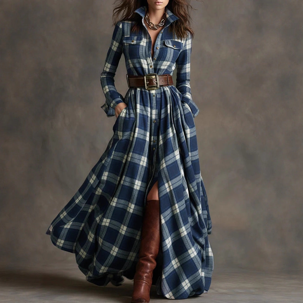 Damen nan karierte Maxikleid Hemdblusenkleid mit ausgestelltem Rock und breitem Taillengürtel Echo Archiv