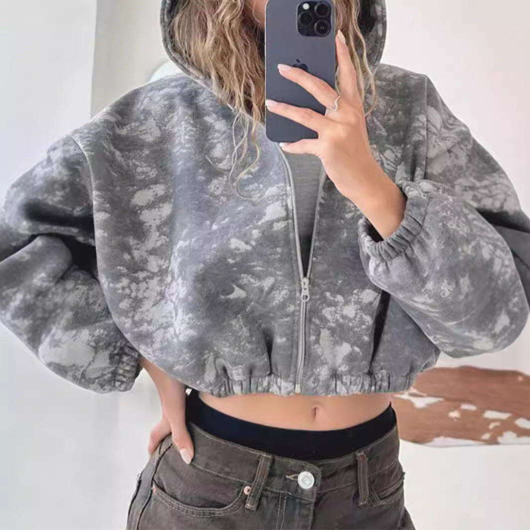 Damen kurzes Zip-Hoodie mit Used-Effekt, Kapuze und elastischem Saum – Auréline