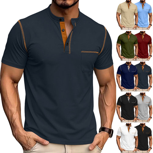 Herren nan kurzärmeliges Henley-Shirt mit Stehkragen, Brusttasche und kontrastierenden Ziernähten Echo Archiv