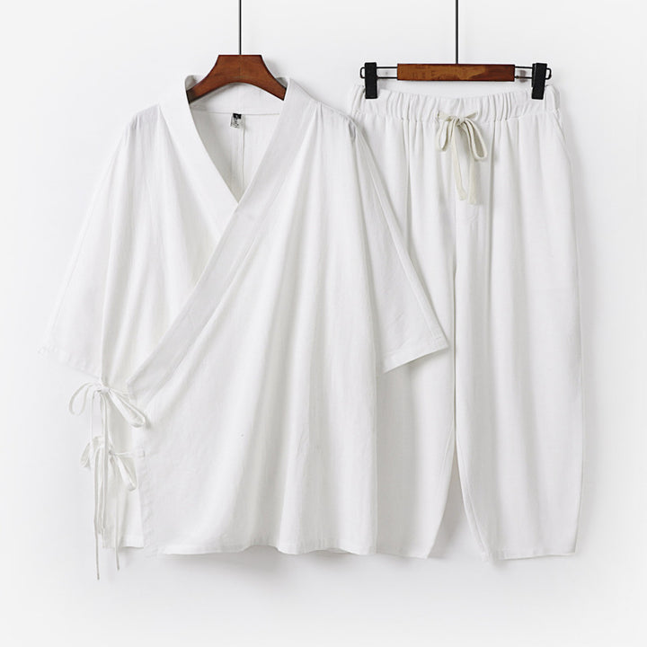 Herren Kimono-Loungewear-Set mit Wickeloberteil, Kordelbundhose und lockerer Passform Echoarchiv