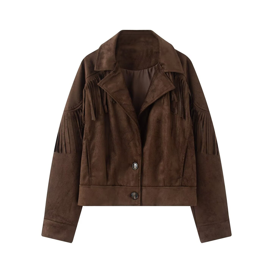 Damen kurze Wildlederimitat-Jacke mit Fransen und Reverskragen Echo Archiv