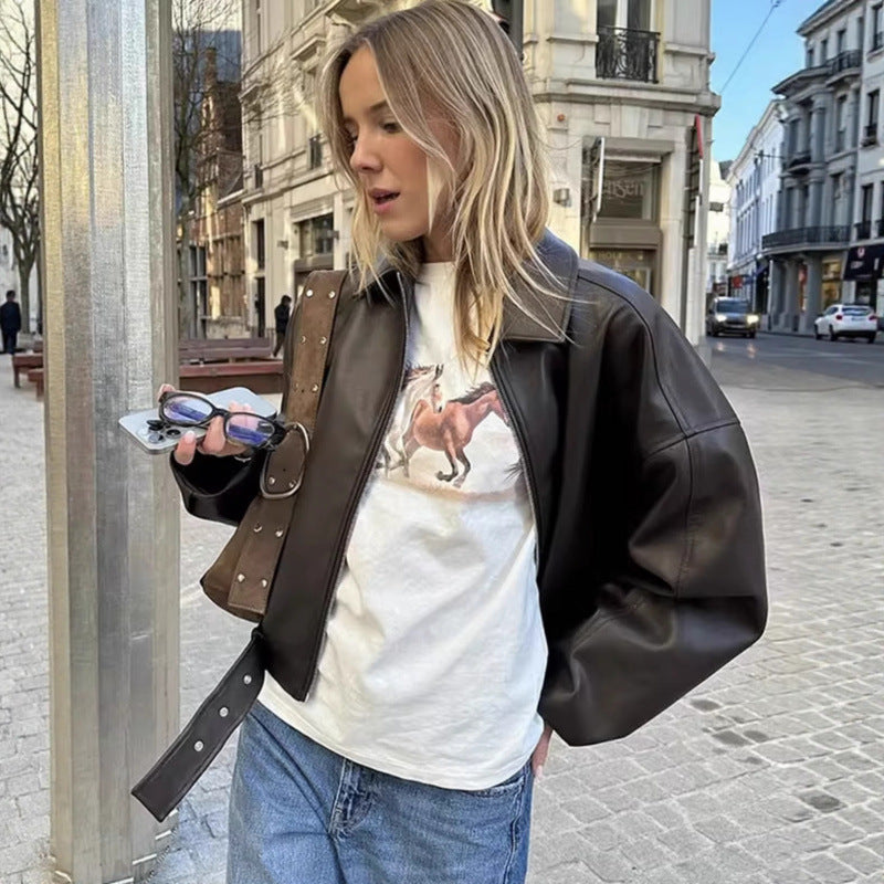 Unisex Oversize Kunstlederjacke mit Reißverschluss Hemdkragen und Taillengürtel Echo Archiv