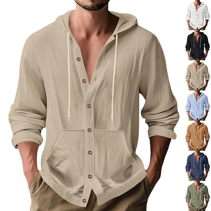 Herren nan knopfverschlossene Kapuzenhemdjacke aus leichtem Baumwollmix mit Kängurutasche Echo Archiv