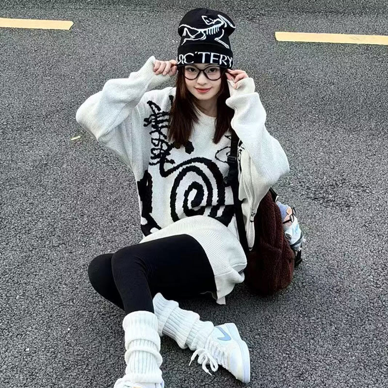 Damen Lässiger Grobstrickpullover mit einzigartigem Kunstmotiv Echoarchiv