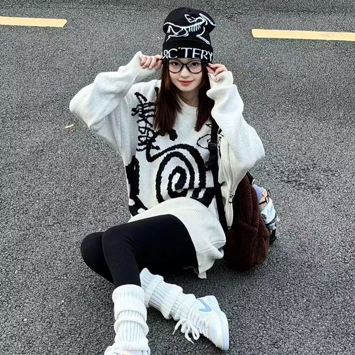 Damen Lässiger Grobstrickpullover mit einzigartigem Kunstmotiv Echoarchiv