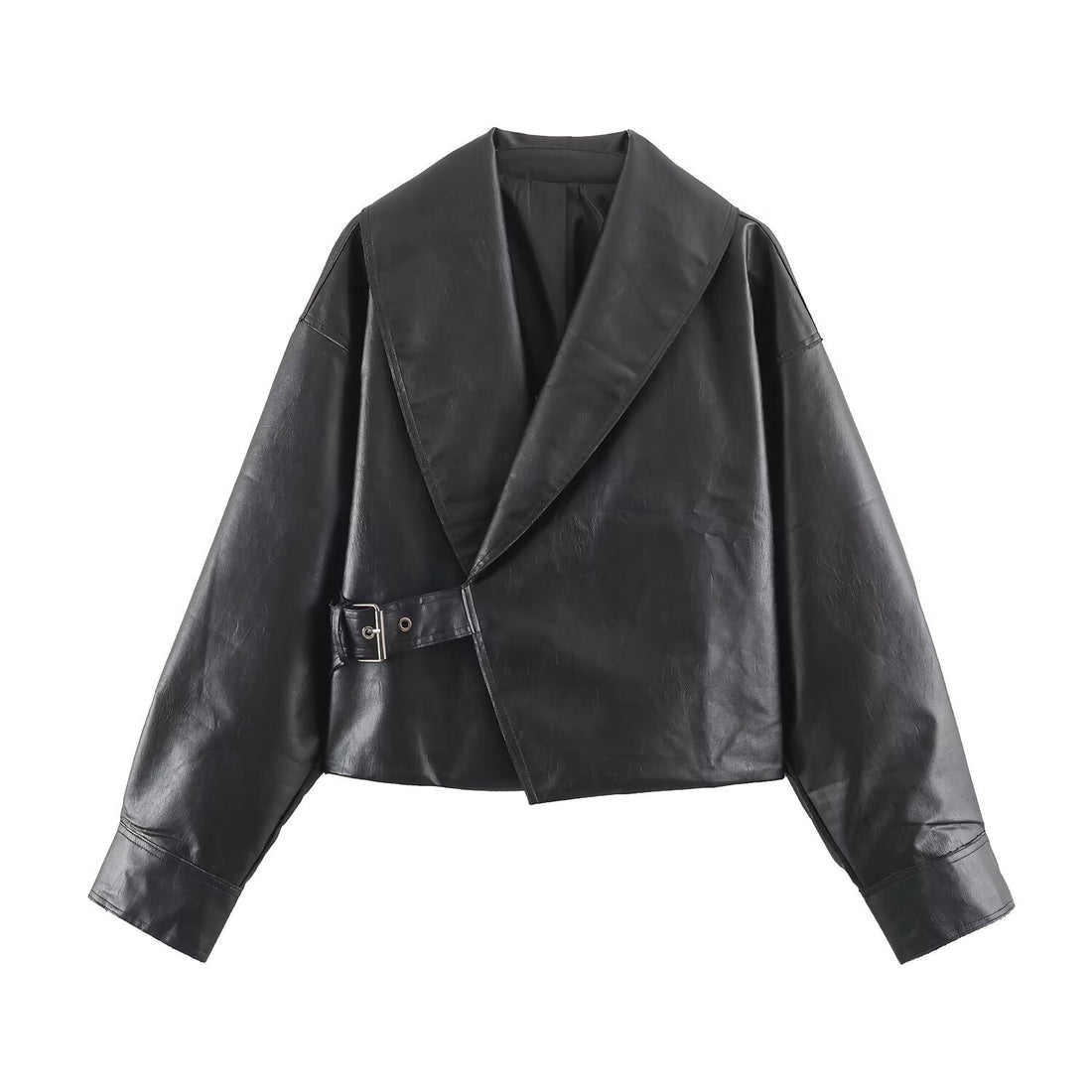 Damen Cropped Lederoptik-Jacke mit übergroßem Schalkragen und taillierendem Schnallenriemen Echoarchiv