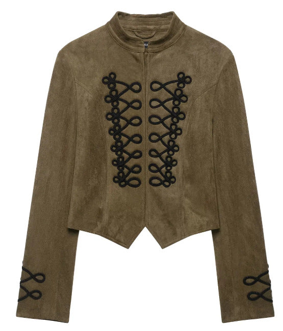 Damen Kurz geschnittene Wildlederjacke im Military‑Look mit Stehkragen und dekorativer Kordelfrosch‑Applikation Echo Archiv