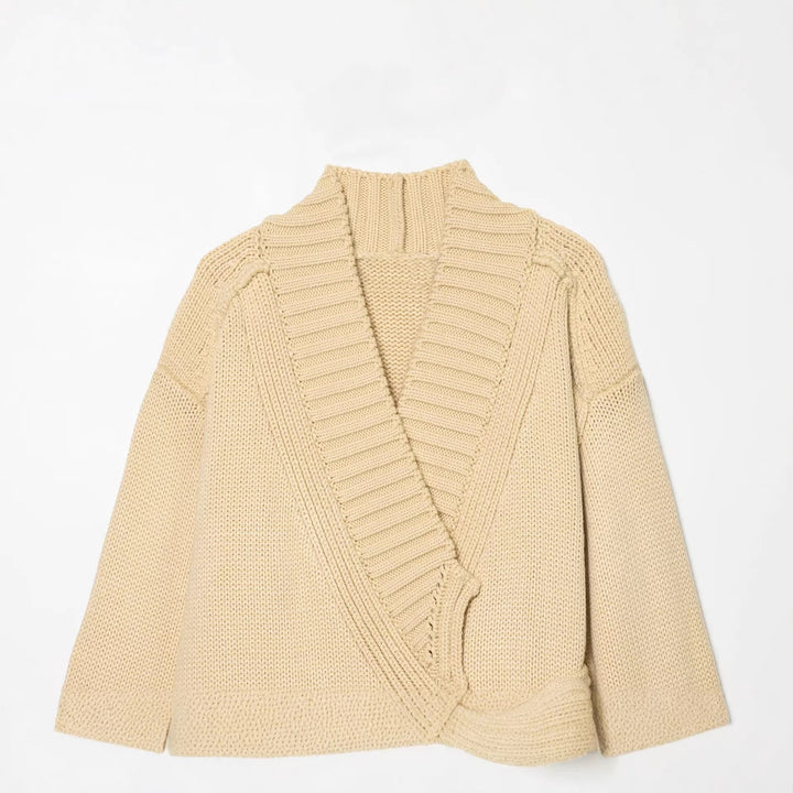 Damen Wickel-Strickcardigan mit Schalkragen, Bindegürtel und Häkelärmeln Echo Archiv