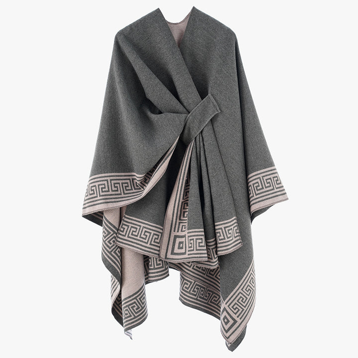 Damen Cape-Umhang aus Wollmix, reversibel mit Bindegürtel und Mäanderbordüre Echo Archiv