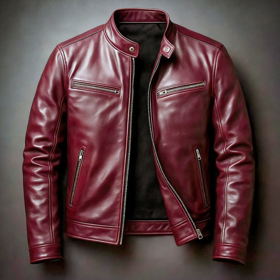 Herren Schmal geschnittene Biker-Lederjacke aus Nappaleder mit Stehkragen und Reißverschluss Echoarchiv