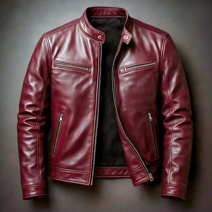 Herren Schmal geschnittene Biker-Lederjacke aus Nappaleder mit Stehkragen und Reißverschluss Echoarchiv