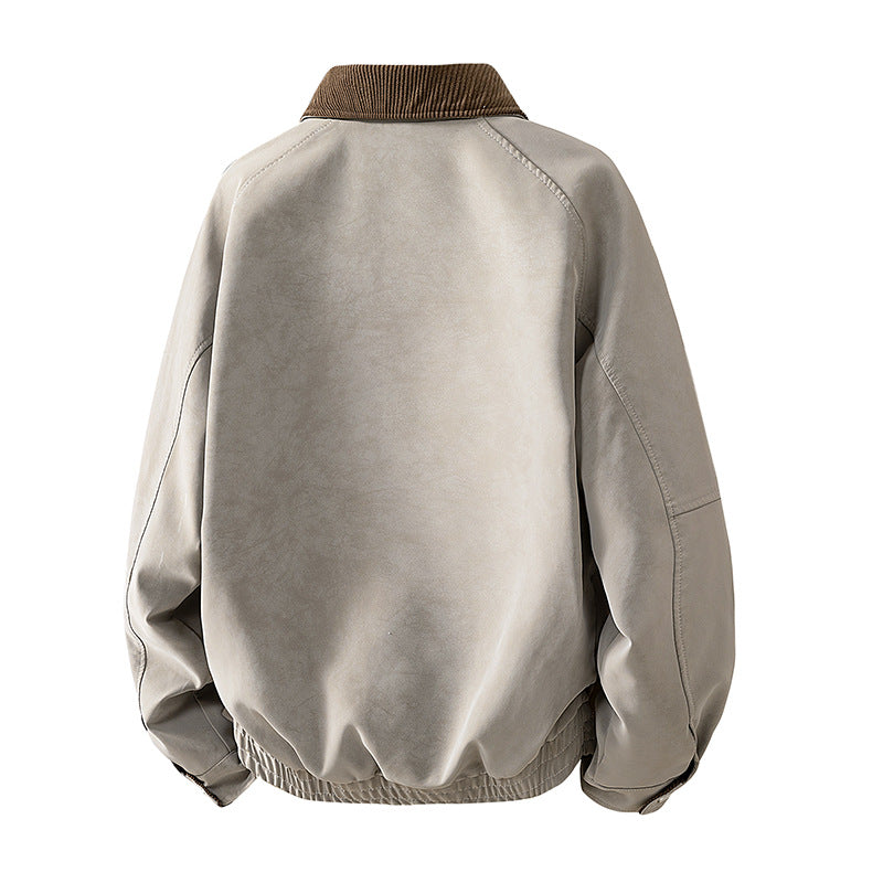 Herren Oversize Utility-Bomberjacke aus Kunstleder mit geripptem Saum und Hemdkragen Echoarchiv