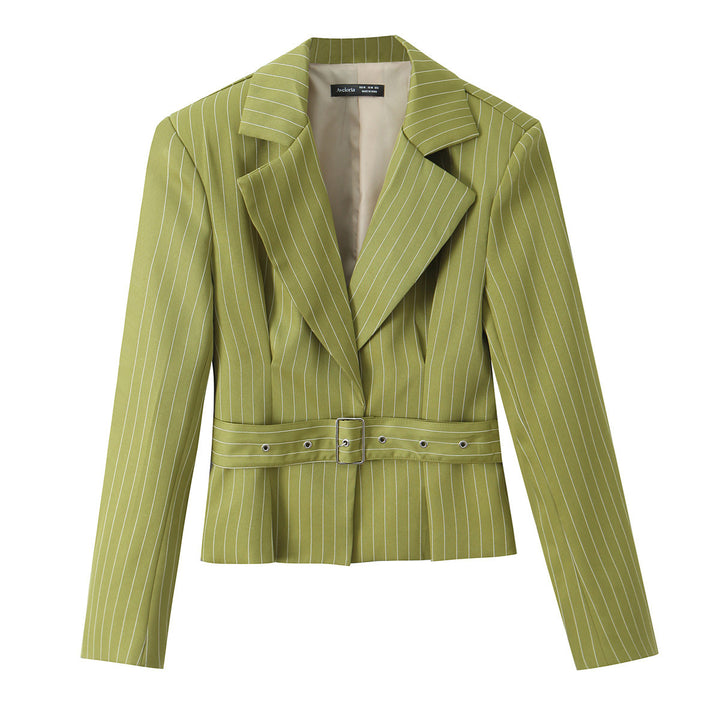 Damen Taillierter Cropped-Blazer mit Nadelstreifen, breitem Bindegürtel und tiefem Revers Echo Archiv