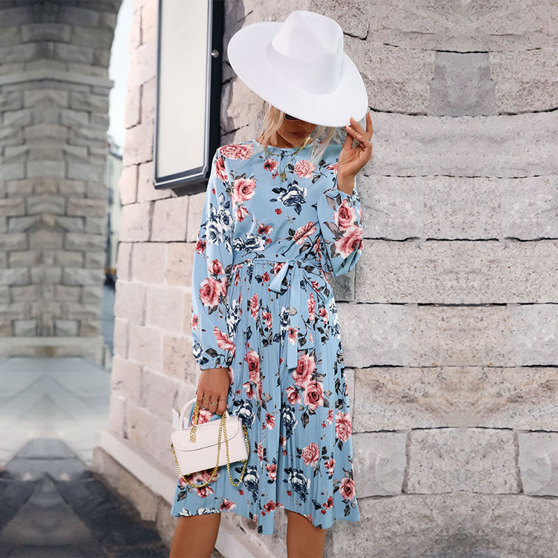 Damen Midikleid mit Blumenprint, plissiertem Rockteil und tailliertem Bindegürtel Echoarchiv