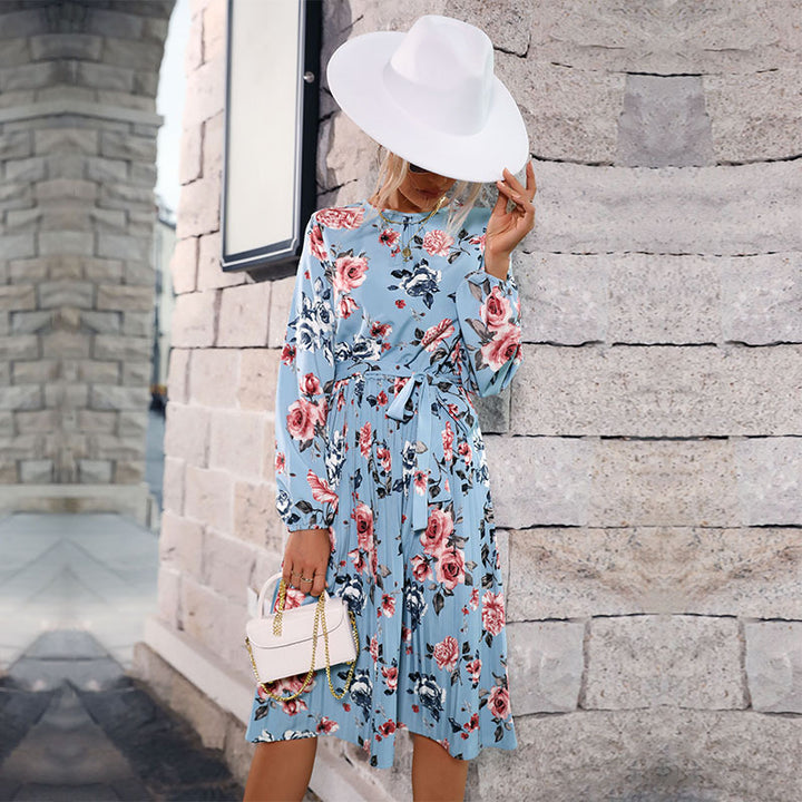 Damen Midikleid mit Blumenprint, plissiertem Rockteil und tailliertem Bindegürtel Echoarchiv