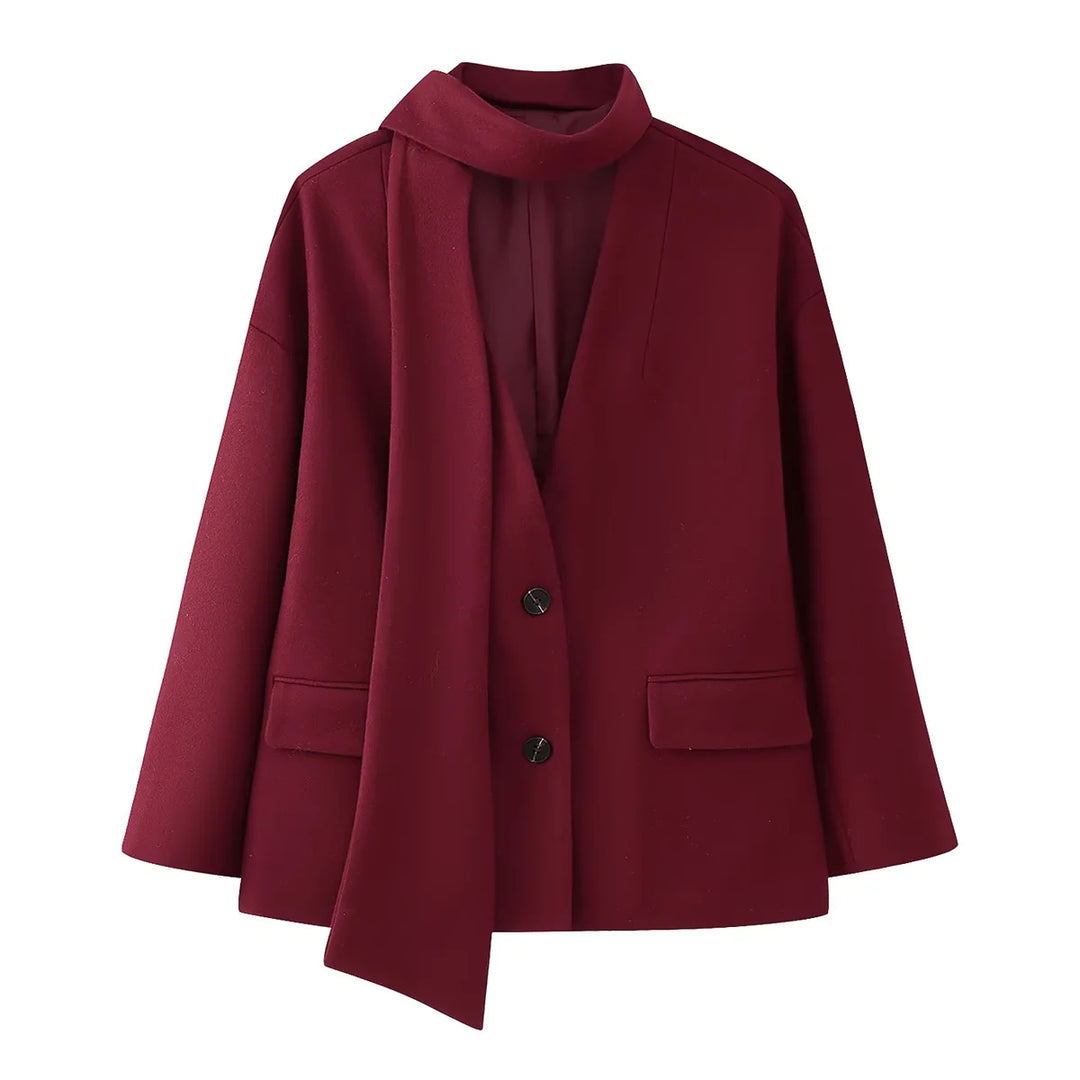 Damen kastiger Mantelblazer mit integriertem Schlauchschal, legerer Boxy‑Silhouette und Pattentaschen – Célinea