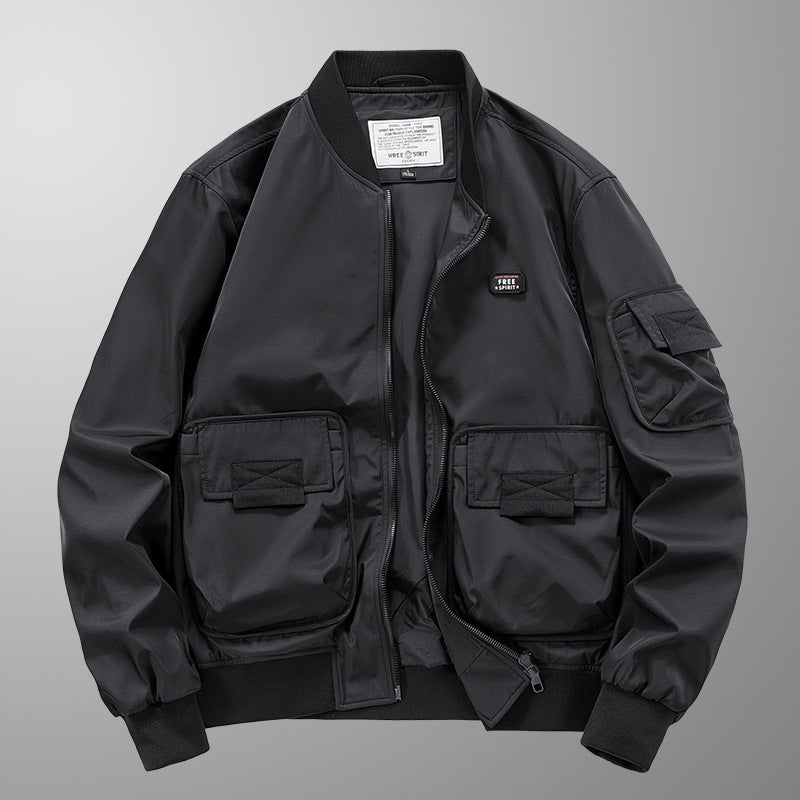 Herren Leichte Nylon-Bomberjacke im Utility‑Stil mit großen Fronttaschen und Ärmeltasche – Brevano