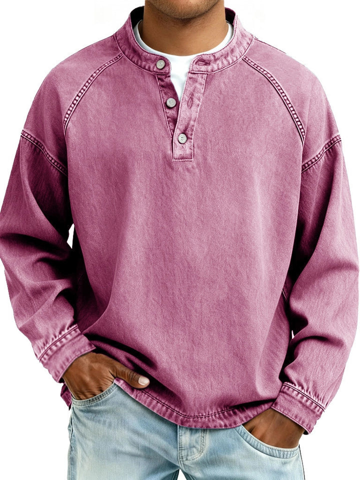 Herren verwaschenes Henley-Shirt mit Stehkragen, lockerer Passform und Knopfleiste – Marzano