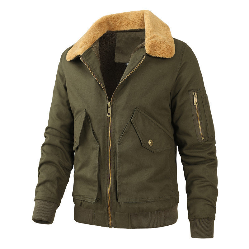 Herren Canvas-Bomberjacke im Arbeitsjacken-Stil mit wärmendem Lammfleecekragen und Mehrfachtaschen – Brevano