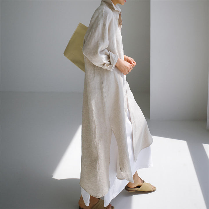 Damen Langes Leinen‑Hemdkleid mit kastiger Oversize‑Silhouette und Seitenschlitzen Echoarchiv