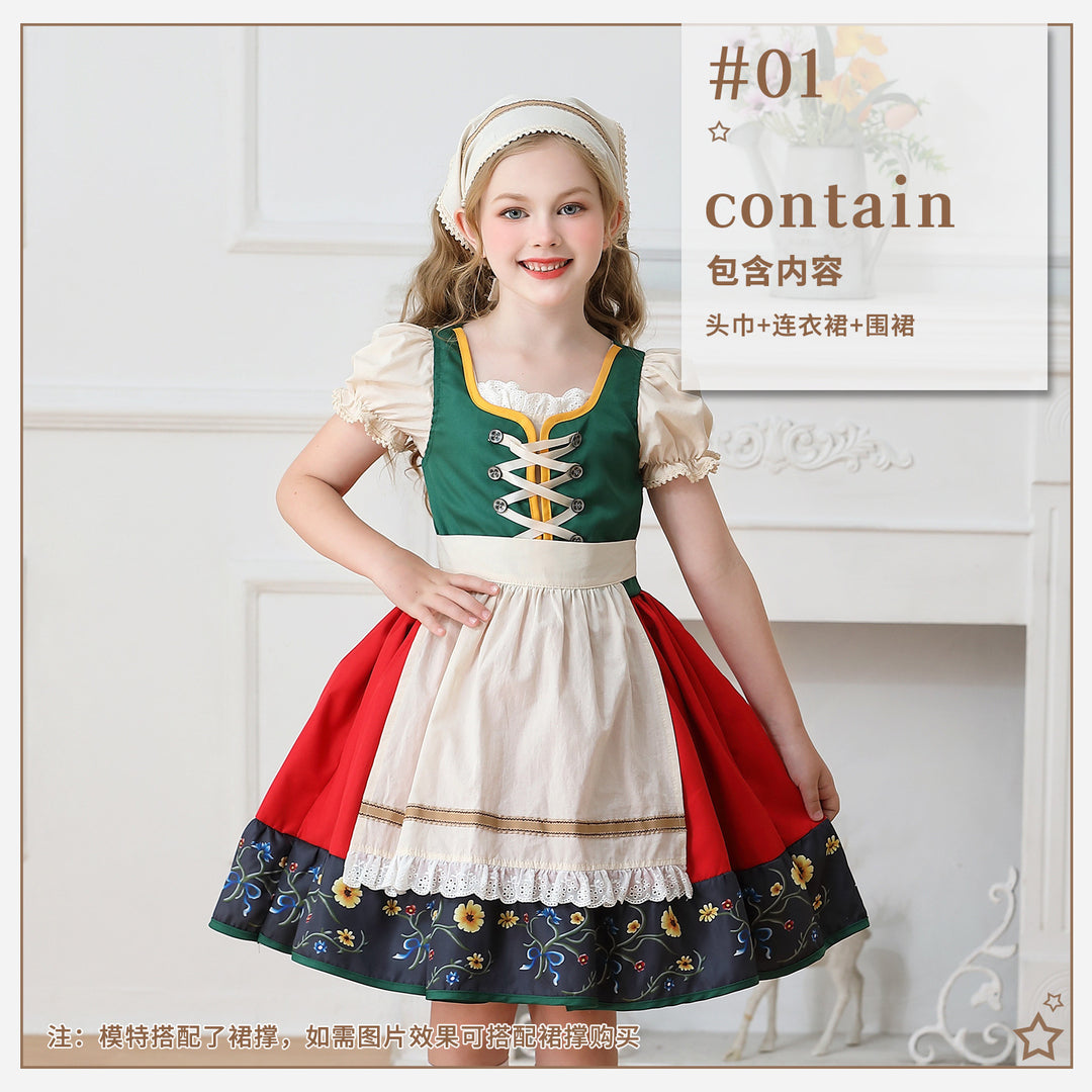 Damen nan traditionelles Kinderdirndl Kleid mit dekorativer Schnürung Schürze und Spitzenkopftuch Echo Archiv