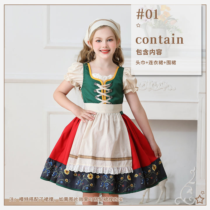 Damen nan traditionelles Kinderdirndl Kleid mit dekorativer Schnürung Schürze und Spitzenkopftuch Echo Archiv