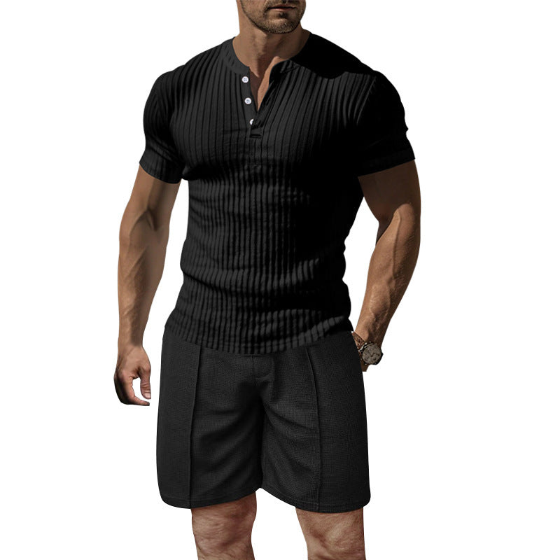 Herren modernes Kurzarm-Henley-T-Shirt mit geripptem Design Echoarchiv