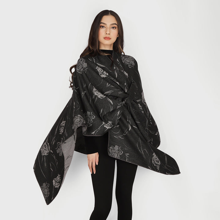 Damen Wendbarer Capeponcho mit Rosen-Jacquard und Bindegürtel Echo Archiv