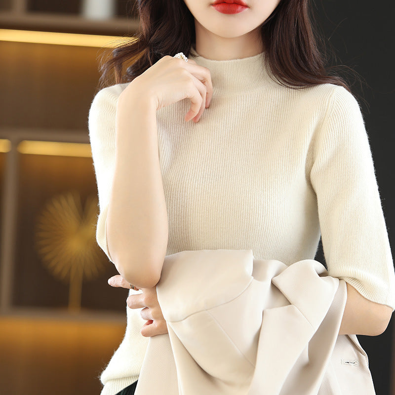 Damen Kurzarm-Feinstrickpullover mit Stehkragen und taillierter Passform Echoarchiv