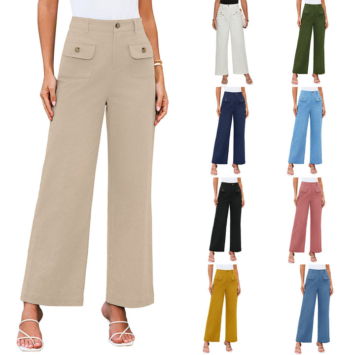 Hochtaillierte Damen-Trousers mit weitem Bein und Knopfklappen-Pattentaschen – Avélisse