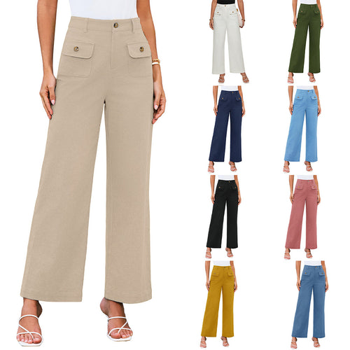 Hochtaillierte Damen-Trousers mit weitem Bein und Knopfklappen-Pattentaschen – Avélisse