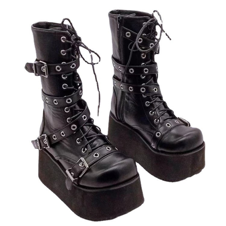 Damen nan hochschaftige Gothic Plateau-Boots mit mehrfachen Metallschnallen, Ösen und seitlichem Reißverschluss Echo Archiv