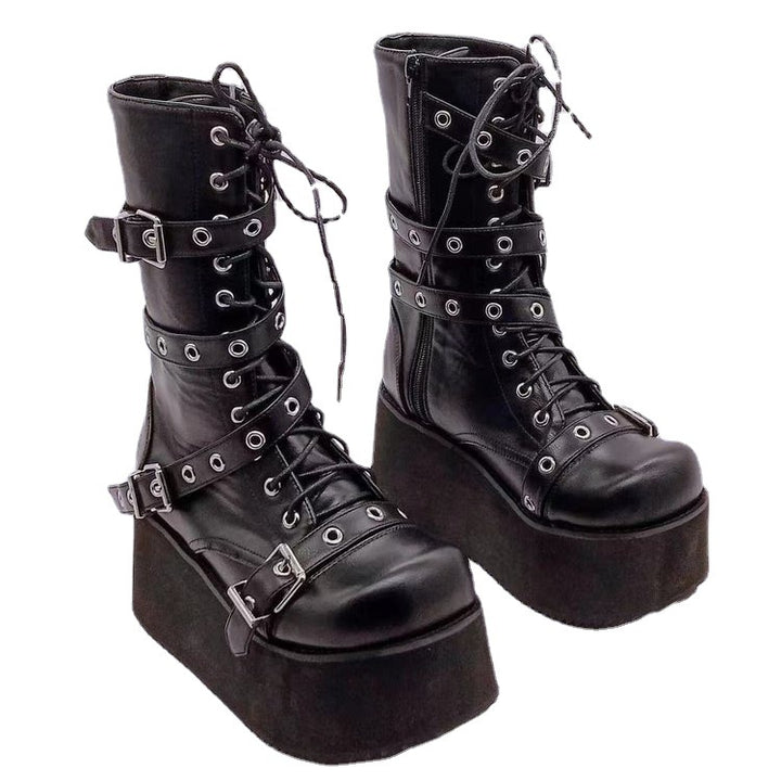 Damen nan hochschaftige Gothic Plateau-Boots mit mehrfachen Metallschnallen, Ösen und seitlichem Reißverschluss Echo Archiv