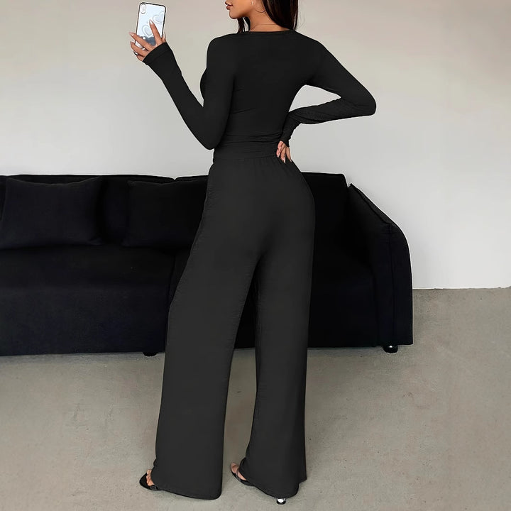 Damen Casual Rippstrick Lounge-Set mit Off-Shoulder Henley-Oberteil und weit geschnittenen Jogginghosen – Élanora