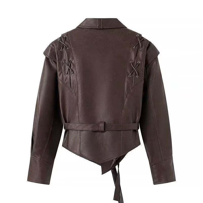 Damen Kurzblazer-Lederjacke mit Schalkragen, Taillengürtel und Schnürdetail Echo Archiv