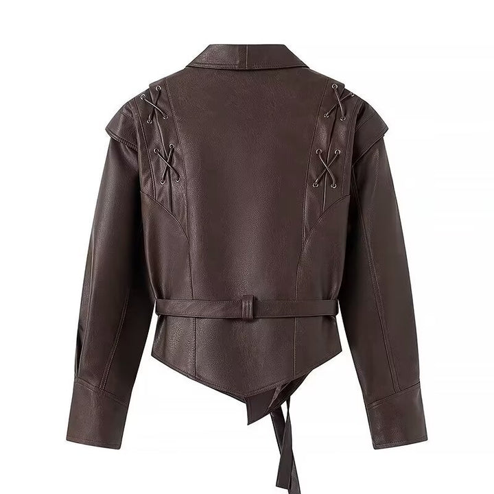 Damen Kurzblazer-Lederjacke mit Schalkragen, Taillengürtel und Schnürdetail Echo Archiv