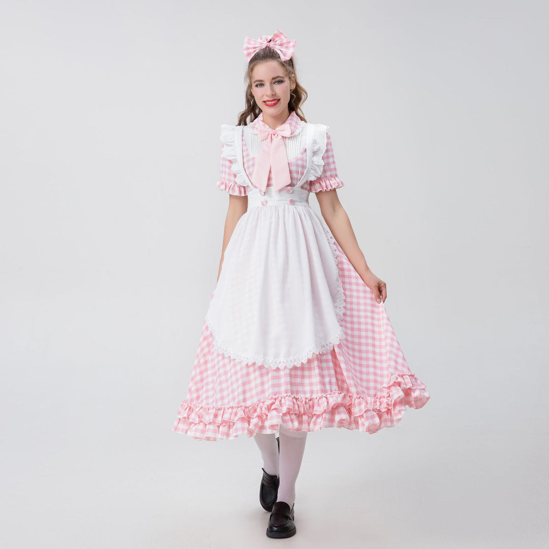 Damen nan Vintage-inspiriertes Karo-Swingkleid mit abnehmbarer Schürze, Rüschenärmeln und Schleifenkragen Echo Archiv