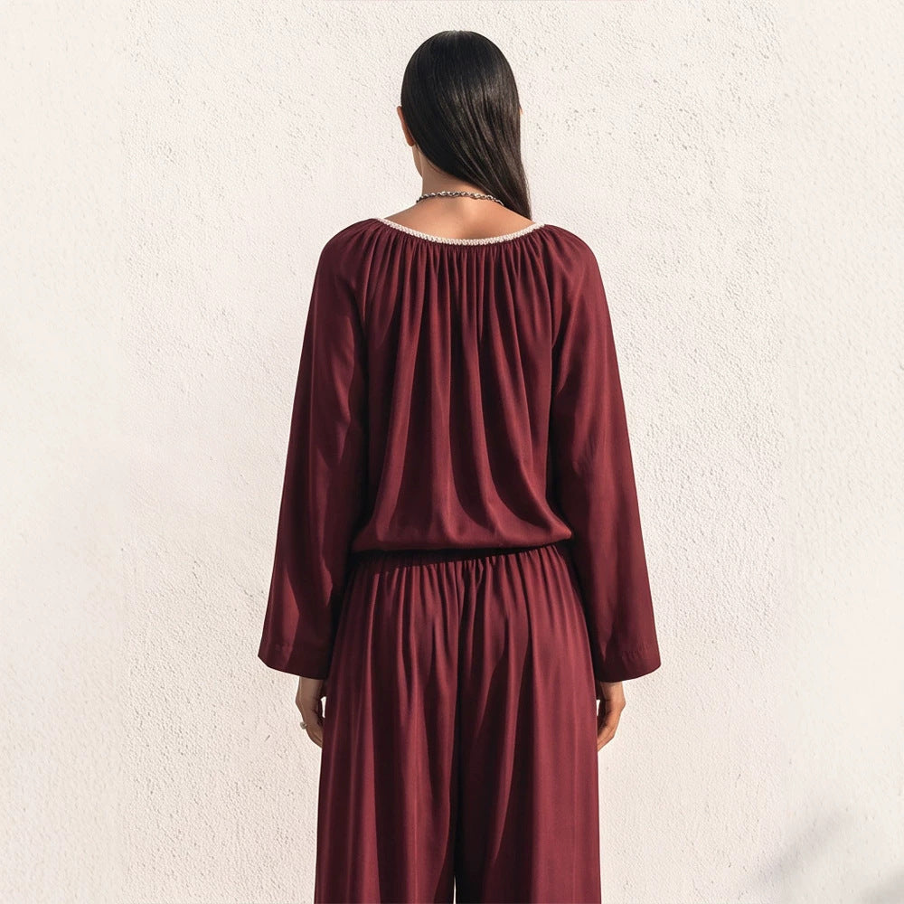 Damen Fließendes zweiteiliges Loungewear-Set aus Seidenoptik mit weiter Palazzohose und geraffter Tunika Echoarchiv